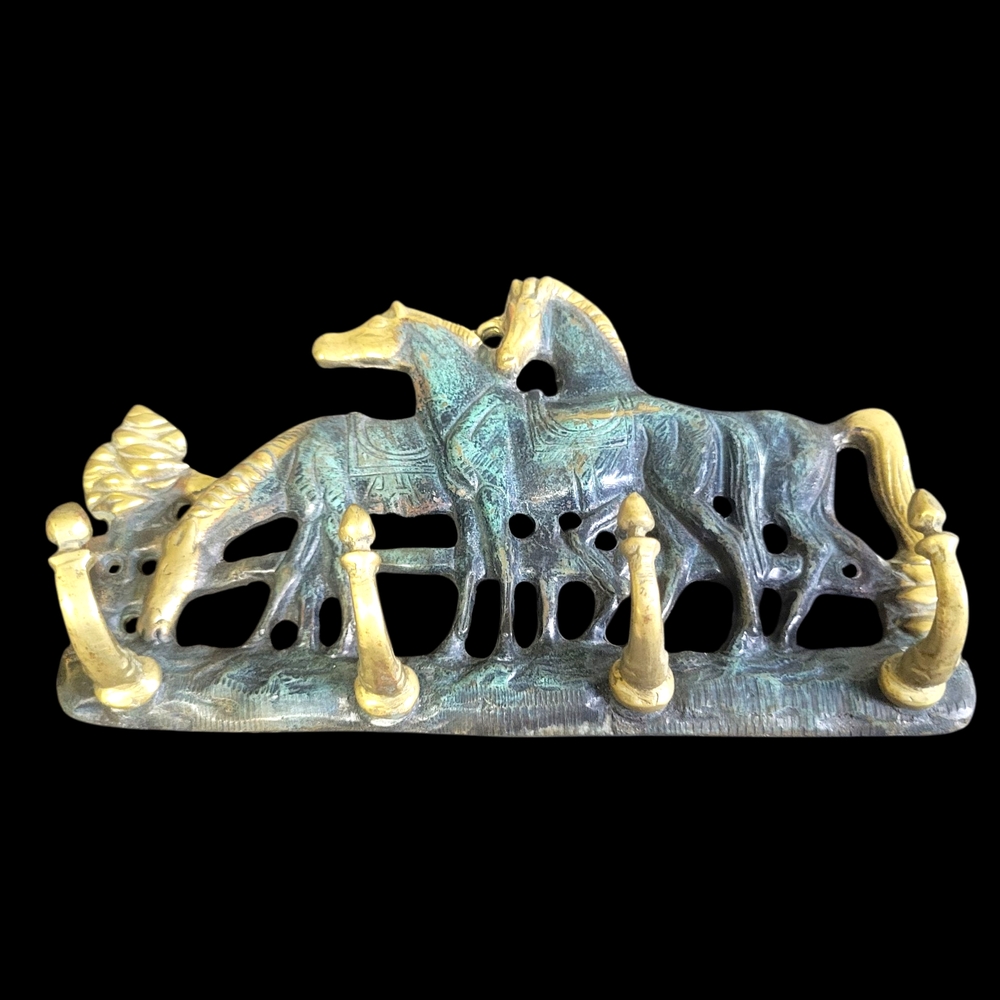 Vintage Brass Gold Tone & Blue Patina Horse Key Hanger